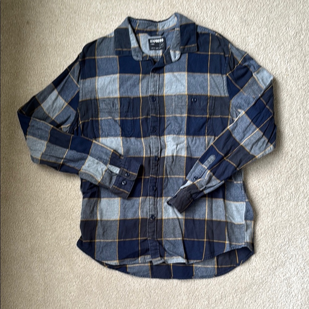 Express Navy and Gray Plaid Flannel Shirt